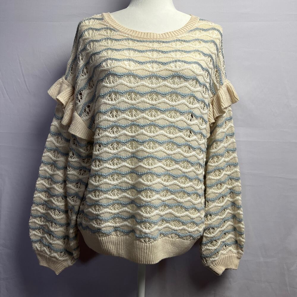 Romantic Whimsy Textured Knit Sweater Cream Blue Womens M Cottagecore Blu Pepper